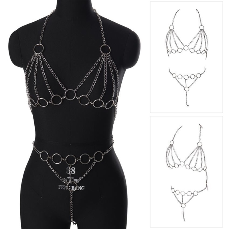 

Sexy Womens Metal Body Chain Bra and Panties Set Summer Beach Bikini Jewelry O-ring Underwear Bralette Thong Luxury Jewellery T200508