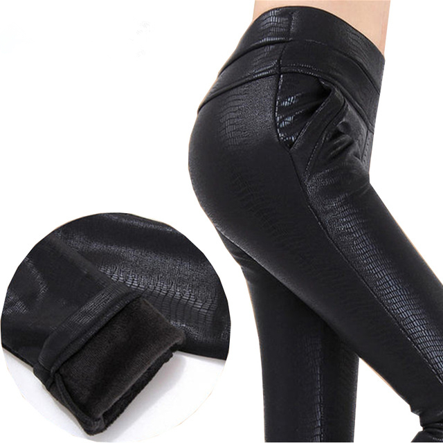 

New warm winter for women fake leather *PU capris leg warmers elastic snake skin stretch high waist Plus Size female pencil pants, W002044