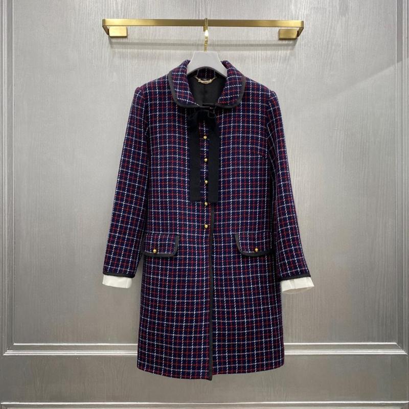 

100% Wool Brand Fashion Women High Luxury Winter Vintage Sweet Elegant Bow Woven Plaid Midi Woolen Coat, Navy blue