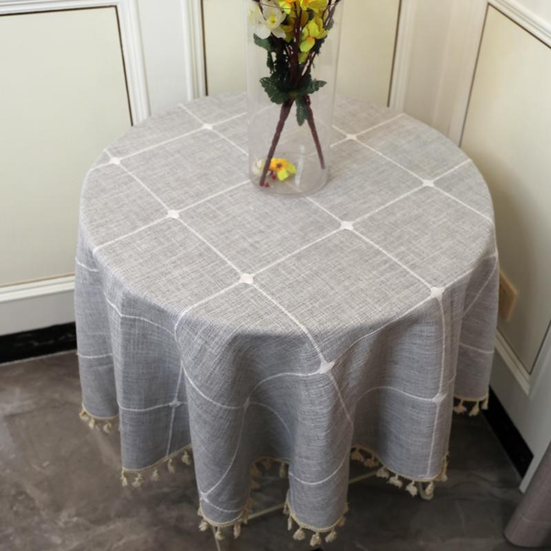

Nordic Style Grid Round Table Cloth Embroidered Lace Cloths Washable Cotton Tablecloth Cover for Christmas Wedding Table Decor, Khaki