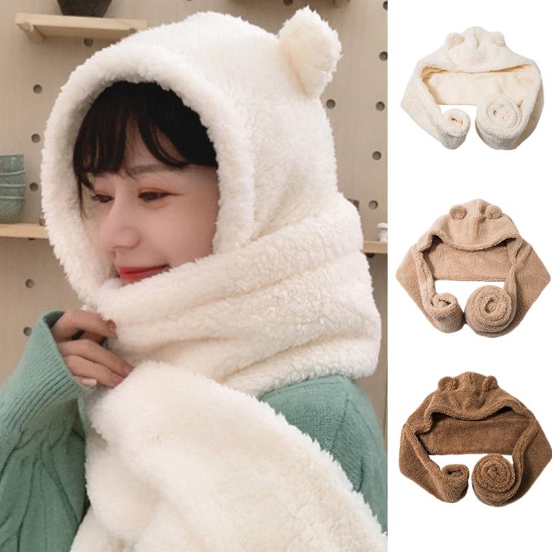 

Women Winter 2 In 1 Hooded Long Scarf Beanie Hat Cute Bear Ears Thicken Fluffy Plush Earflap Cap Thermal Neck Warmer