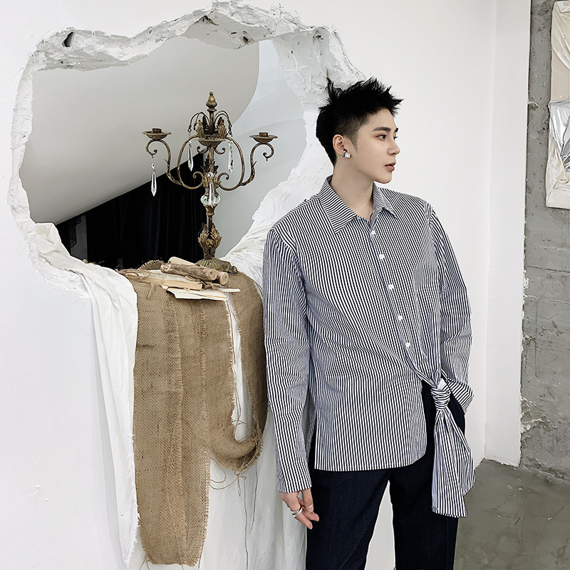 

2021 New S-7xl!! Hong Kong Vertical Stripes Blue Personality Hem Loose Long Sleeve Male Korean Version DS3F, 11