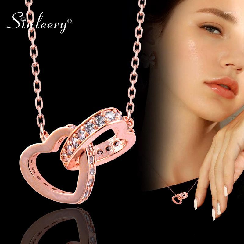 

SINLEERY Elegant Two Hollow Heart Cross Pendant Necklace Rose Gold Silver Color Crystal Choker Necklace Women Jewelry XL104 SSI1