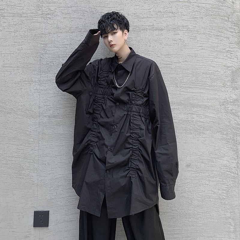 

Japan Korea Men Long Sleeve Casual Shirt Male Fashion Show Punk Gothic Hip Hop Dress Shirts Stage Clothing Streetwear B70, 2177 white