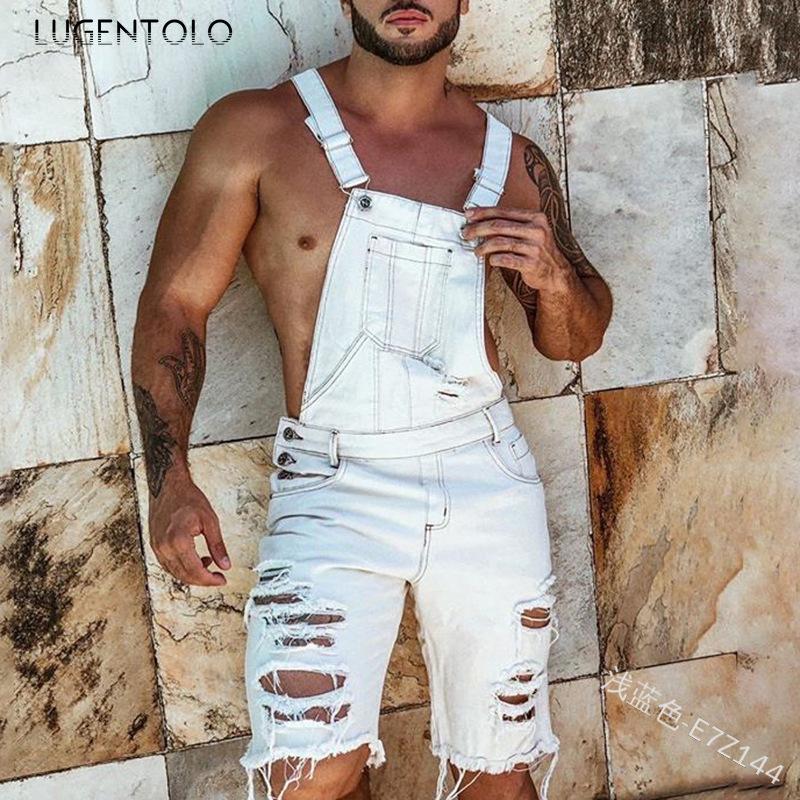 

Summer Jeans Men Overalls Short Pants New Men' Solid Color Hole Strap Casual Plus Size Fashion Jeans Straight Lugentolo, Black