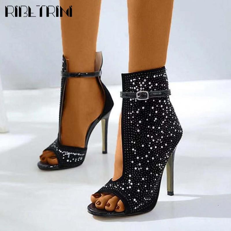 

RIBETRINI Sexy Big Size 43 Female Solid Ankle Buckle Strap Thin High Heel Shoes Women Sandals Crystal Summer Sandals, Black