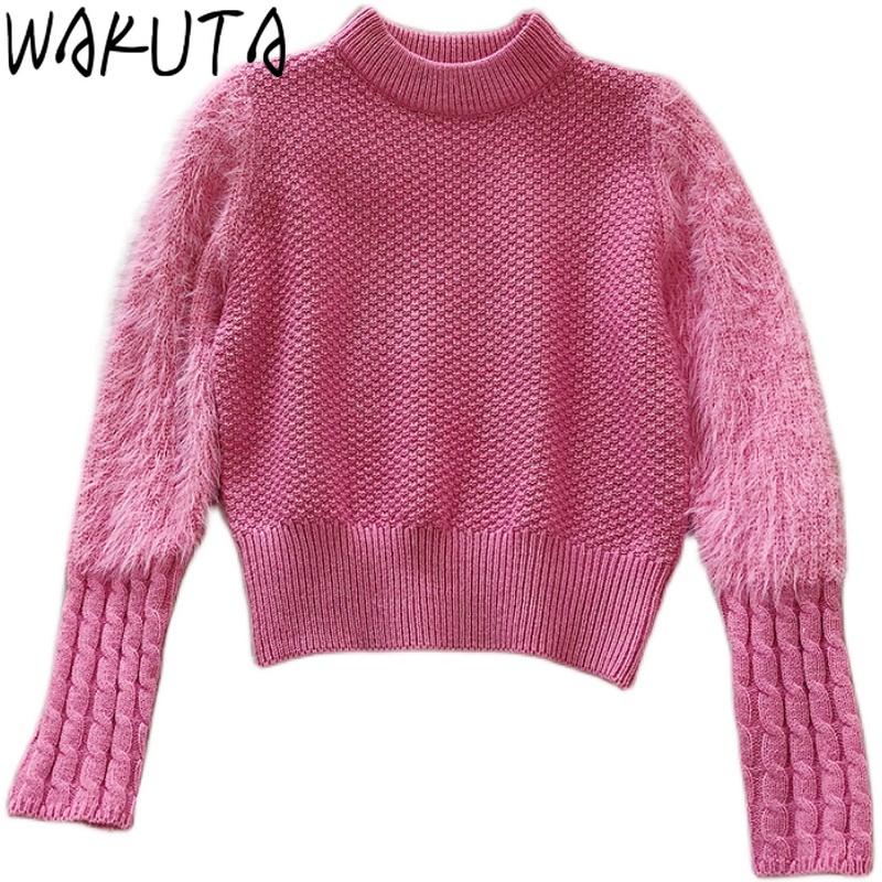 

WAKUTA 2020 Women Fashion Soft Short Sweaters Autumn Winter New Elegant Loose Solid Chic O Neck Long Sleeve Warm Knitwear Tops, Blue