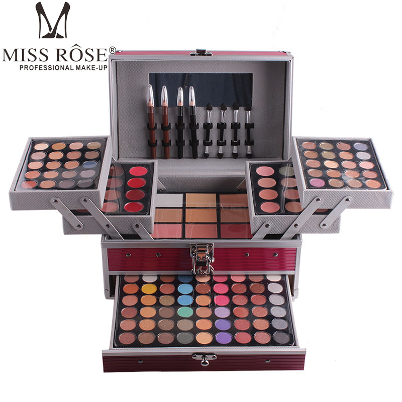 

Wholesale- Miss Rose professional makeup set box in Aluminum three layers include glitter eyeshadow lip gloss blush for makeup artist MS067