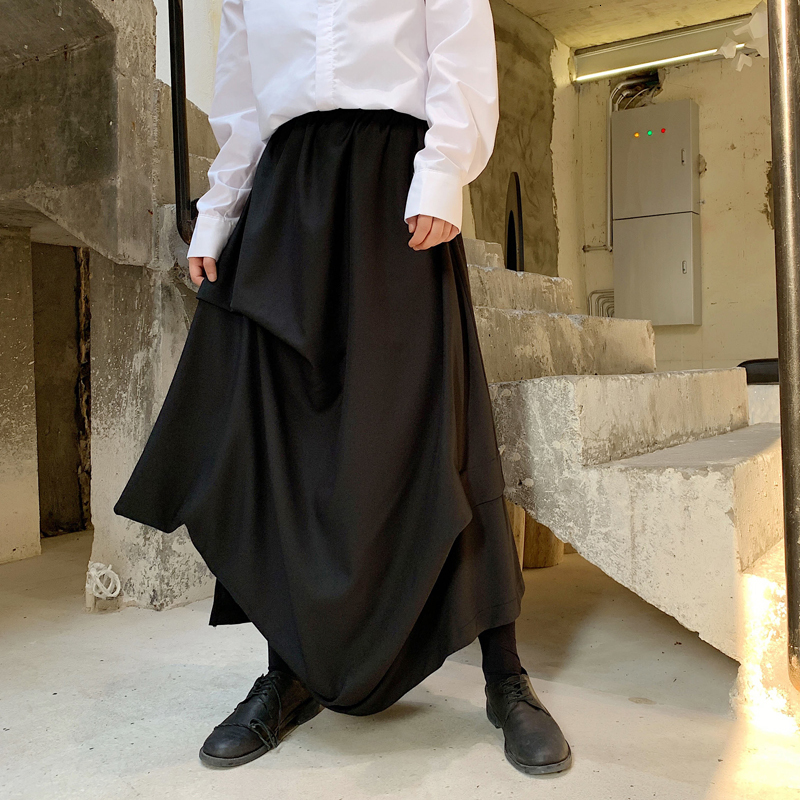

2021 New Men Japan Style Irregular Pleated Skirts Male Hip Hop Streetwear Loose Casual Punk Gothic Kimono Pants Stage Clothing J8zp, Black