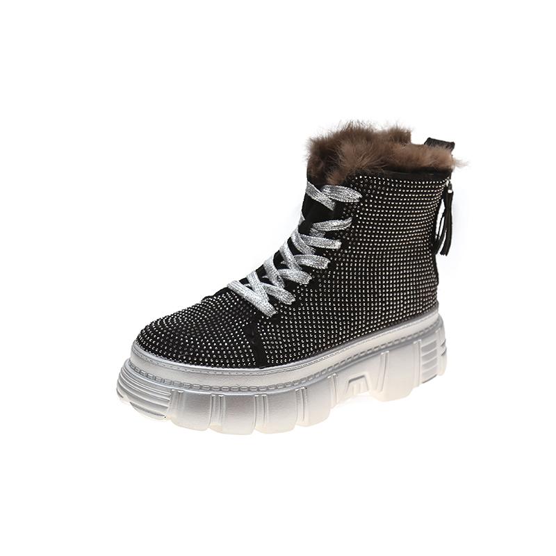 

All-match full-drilled women's boots hairy mouth platform boots snow 2020 new short women lace casual, Gun color