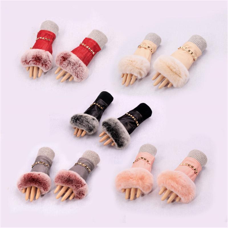 

Cute Ladies Half Finger sheepskin Gloves Fashion Multicolor Rex fur Gloves Driving Writing Student Warm 58-51