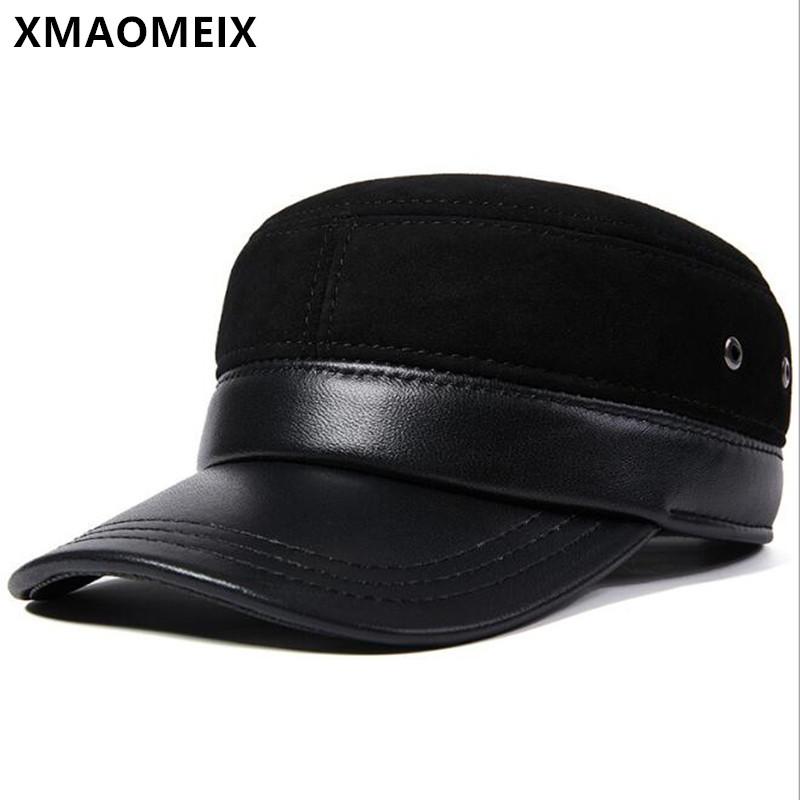 

XMAOMEIX Winter Men's Natural Genuine Leather Hat Warm Sheepskin Leather Hats Adjustable Size Men Brand Sports Flat Cap, Black