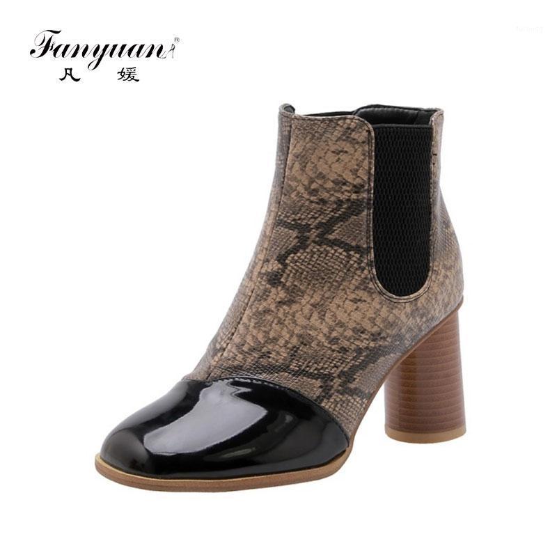 

fanyuan 2020 sexy snakeskin printing woman ankle boots round thick high heels motorcycle boots for women size 33-481, Black