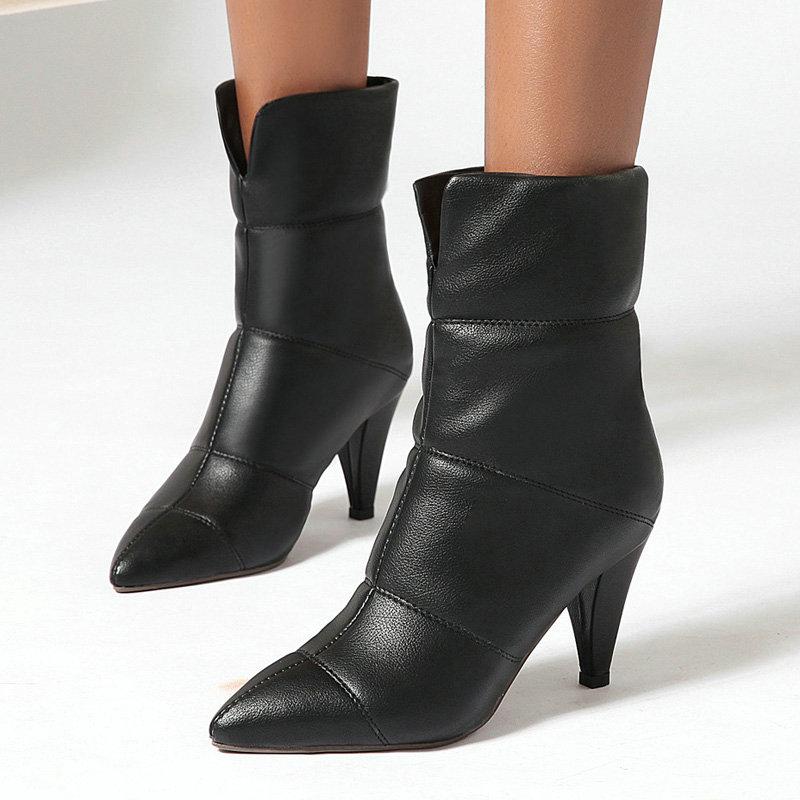 

AIWEIYi Woman Winter Shoes Black White Pointed toe Spike High Heels Ankle Boots Thick Fur Slip On Winter Boots High Heels Shoes