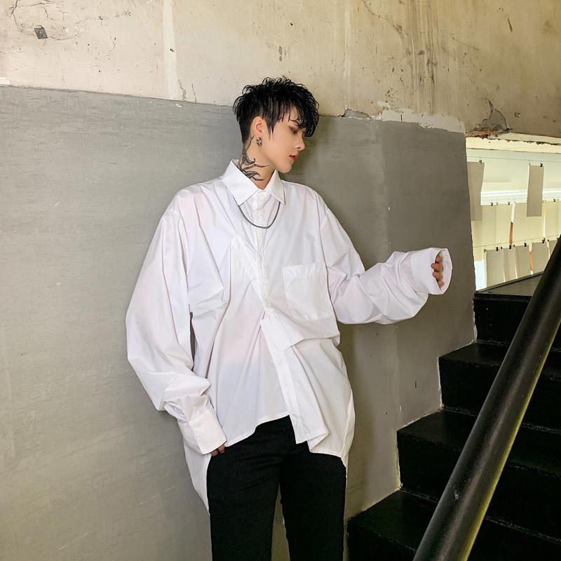 

2020 Spring And Autumn New Dark Niche Japanese Irregular Design Long Sleeve Shirt Fashion Casual Solid Color Jacket Black /White