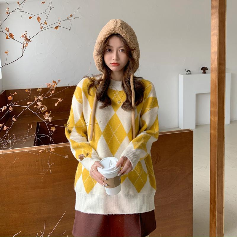 

HKCP Casual Fashion Women Sweater O-Neck Office Lady Full Long Sleeve Regular Pullovers Argyle Women Clothes Winter 2020 New, Brown
