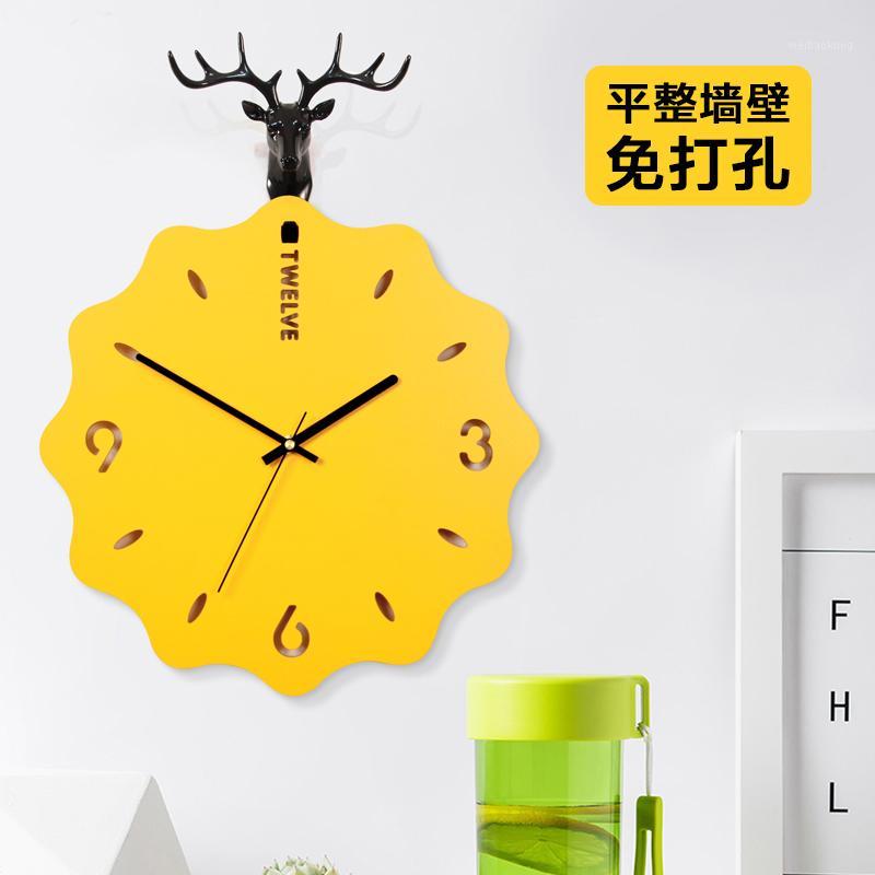 

3d Wall Clock Modern Design Creative Wooden Yellow Living Room Decoration Clock Perforation-free Silent Wall Watch SC0541