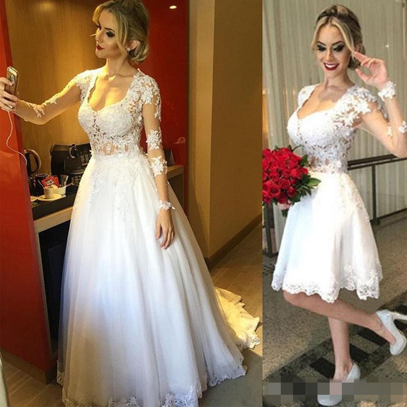 Sexy deux en un robe de mariée encolure dégagée illusion manches longues haut transparent détachable longue jupe courte robes de mariée dentelle