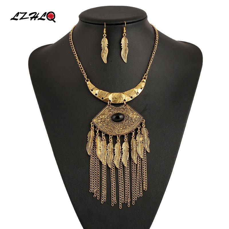 

LZHLQ Maxi Vintage Carved Pendant Necklaces Ethnic Leaf Tassel Necklace Metal Mosaic Resin Accessory Brand Jewelry Statement