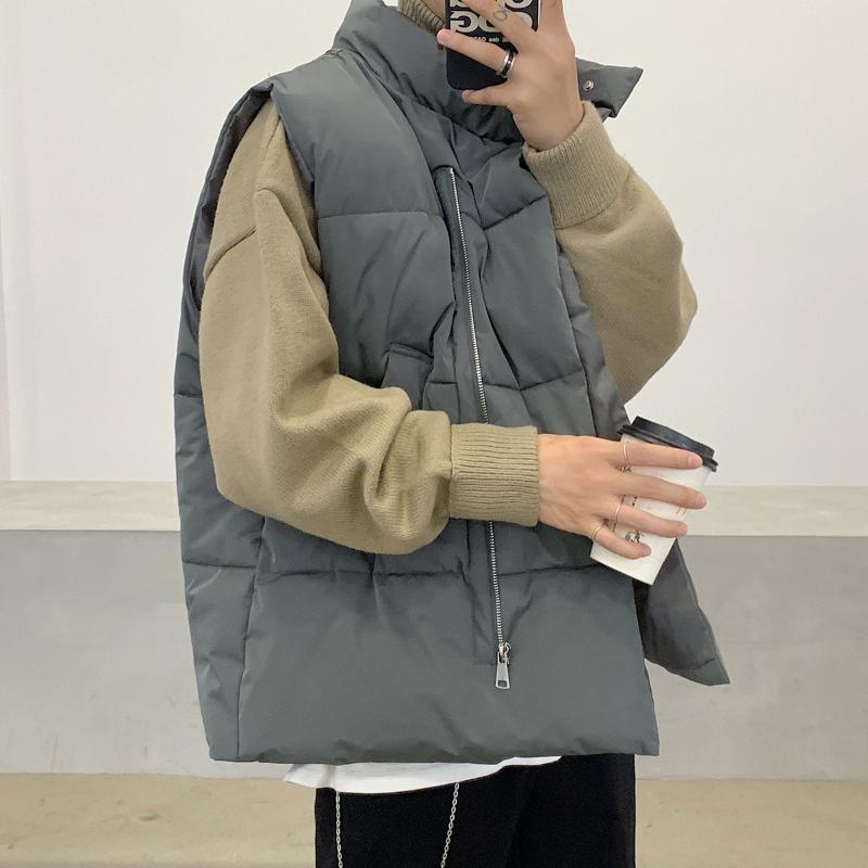 

Solid Vest Thicken Cargo Jacket Men Cotton Coats Waistcoat Loose Autumn Winter Stand-up Collar Zipper Warm Jacket Tide Oversize, Black