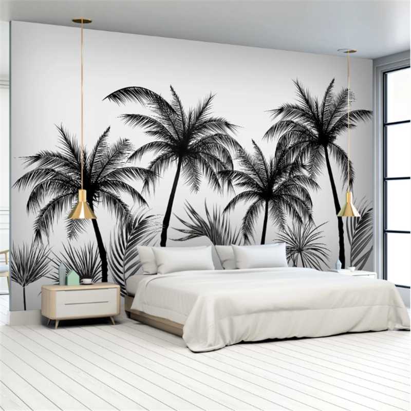 

Milofi custom photo wallpaper mural black and white sketch style tropical rainforest coconut tree Nordic TV background wall, Silk cloth