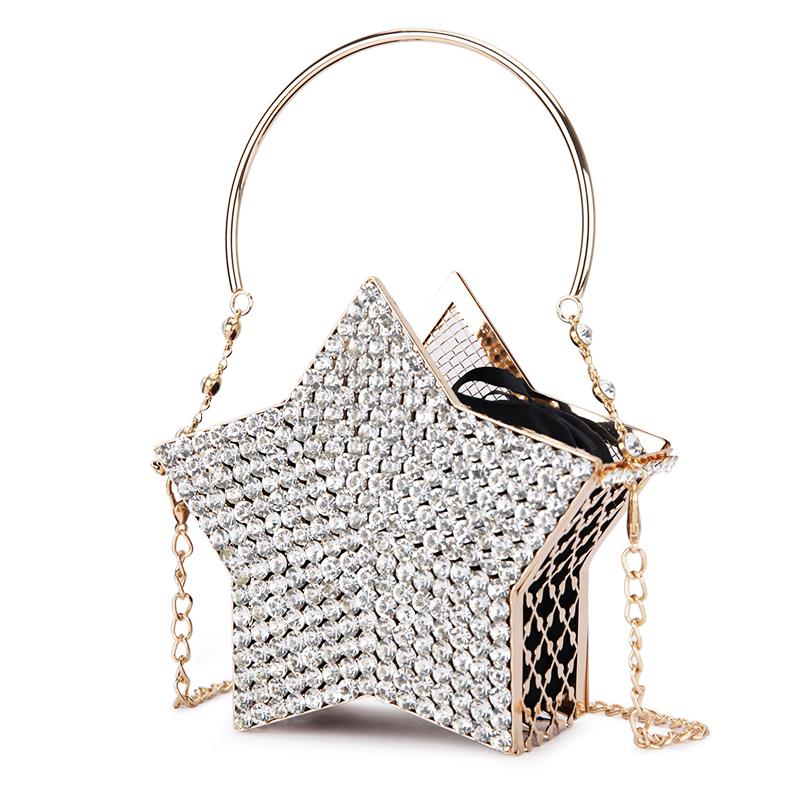 

Luxury Diamond Silver Star Design Evening Clutch Bag for Women New Hollow Out Small Metal Cage Ladies Chain Purses and Handbags, Beige