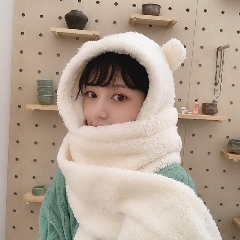

2020 Fashion Winter Women Novelty Beanies Caps Warm Cute Bear Ear Hat Casual Plush Hat Scarf Set Casual Solid Women Caps Present, White