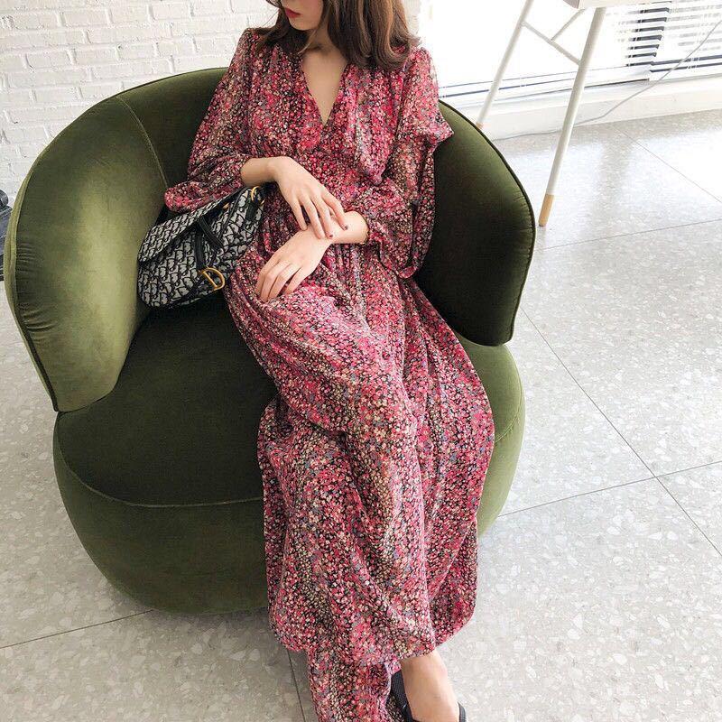 

2020 Spring Autumn Ankle Length Floral Printed Chiffon Dress Women Vintage Long Sleeve V Neck High Waist Slim Fit Dress Korean, Rose