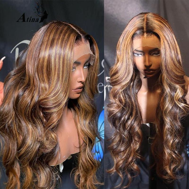 

Wavy Ombre Highlight Colored Human Hair Wig Pre Plucked Glueless HD Transparent Remy Lace Wig With Baby Hair 250 Density Weave, As pic