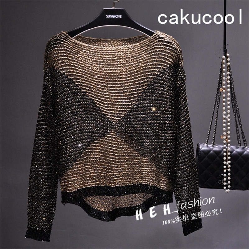 

Cakucool Sequined Spring Knit Tops Long Batwing Sleeve Big O-neck Blouse Sequined Bling Loose Pullover Knitted Femme T200429, Black silver