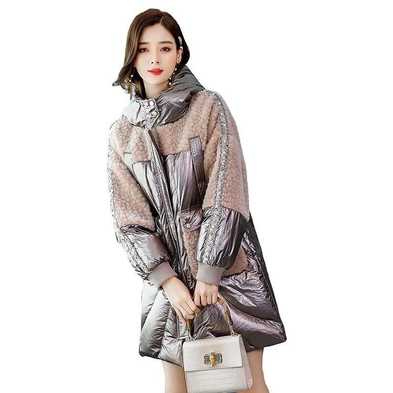 

Lambs Wool Stitching Winter Parkas Loose fashion down Jacket women winter 2020 medium long high quality cotton coat Outerwear, Photo color