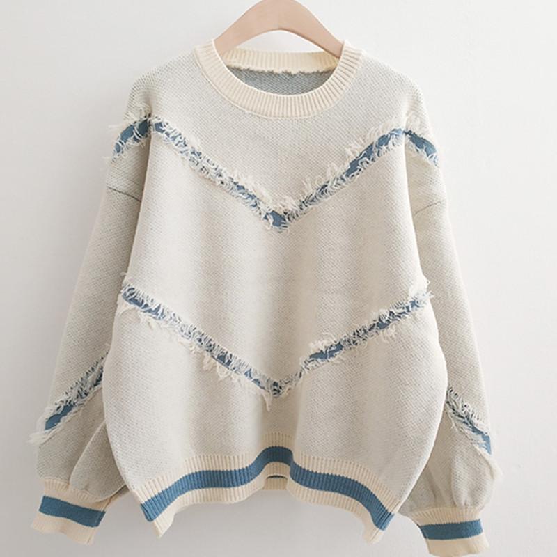 

2020 Autumn Winter Plus Size Women Cardigan Round Collar Long Sleeve Patchwork Color Loose Casual Female Sweaters Tide, Blue