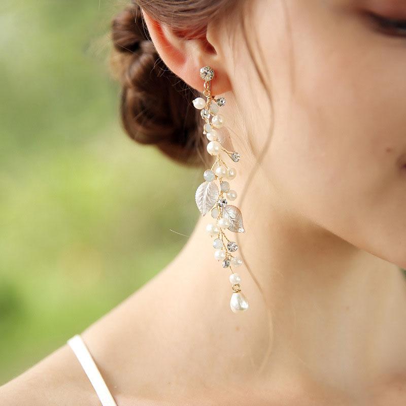 

SLBRIDAL Handmade Rhinestones Crystals Pearls Flower Leaf Bridal Dangle Earring Wedding Chandelier Earring Fashion Women Jewelry