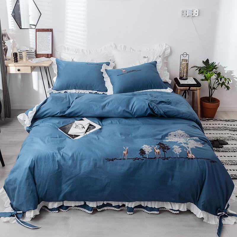 

Free shipping 100%cotton princess lace ruffles bowknot embroidered bedding set 3/4pcs  full queen king size bed skirt set MR1