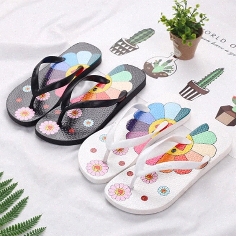 

2020 New Women Flip Flops Women's Rainbow Color Slippers Cute Flower Flat Shoes Female Causel Footwear Ladies Summer Beach Shoes #Ir3l, Black
