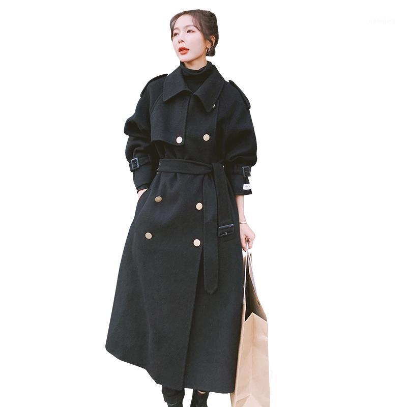 

2020 Black Woolen Coat Women Korean Double-Breasted Long Over The Knee Double-Faced Long Sleeve Wool Jacket Female Fashion H7601