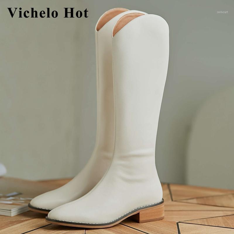 

Vichelo Hot western boots split leather popular maiden square toe thick med heel zipper modern winter women knee-high boots L231, Beige