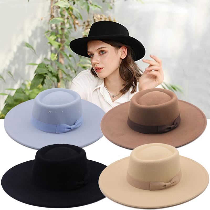 

Stingy Brim Hats 2022 Winter Fedora Fedoras For Women Fashion Bowknot Flat Wide Wool Felt Jazz Top Cap Bucket Hat, Blue;gray