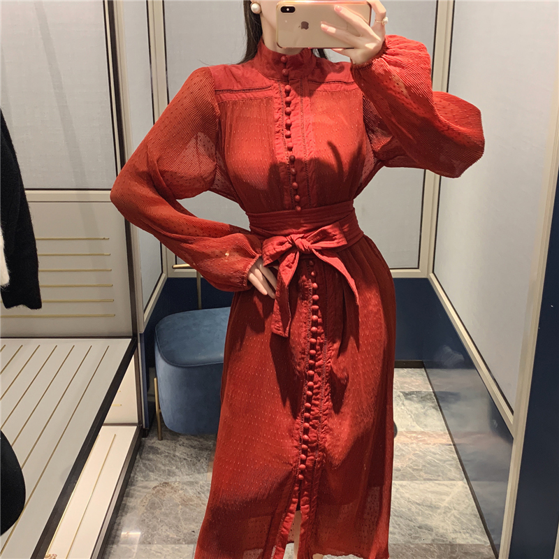 

Burgundy Polka Dots in Sleeves Self-unique Woman-breasted Luxury Dressed with Women's Belt Summer Dresses 7rik