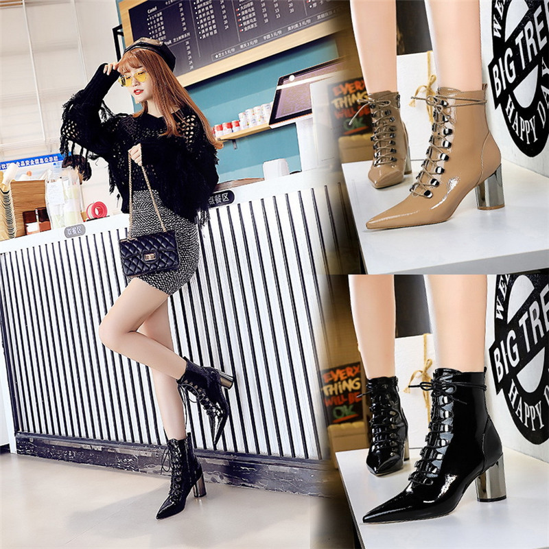 

2021 New Autumn Fashion Winter Leather Lace Up High Heel Alta Qaulity Increase Heist to Disrupt Women Boots 6A9Q, Black
