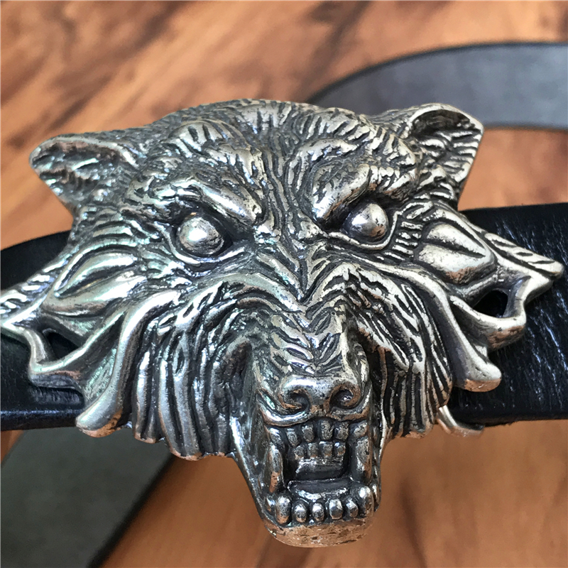 

3d wolf head buckle genuine leather cowboy brim pants ceinture homme belt wide male belts for men 5UMB, Black