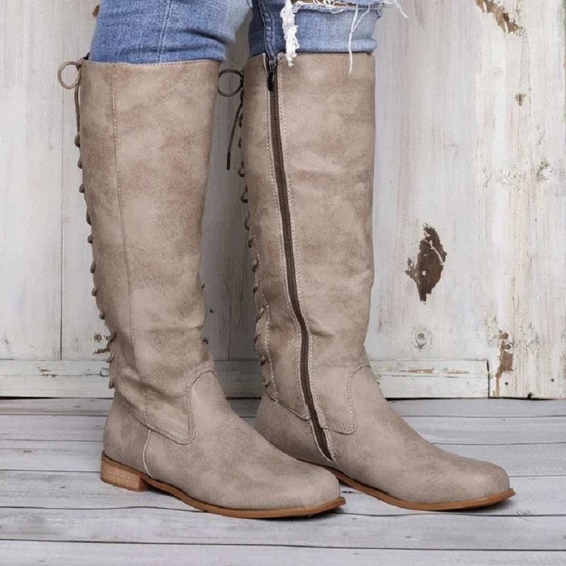 

Pu Leather Knee High Boots Women Autumn Winter Lace Up Low Heels Riding Long Boots Zipper Cross Strappy Platform Ladies Shoes1, Black