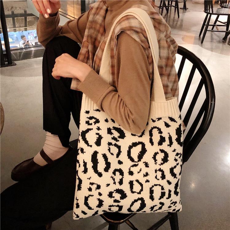 

Evening Bags Retro Knitting Shopping Bag For Women Leopard Pattern Ladies Woolen Shoulder Female Portable Casual Tote Large Handbags