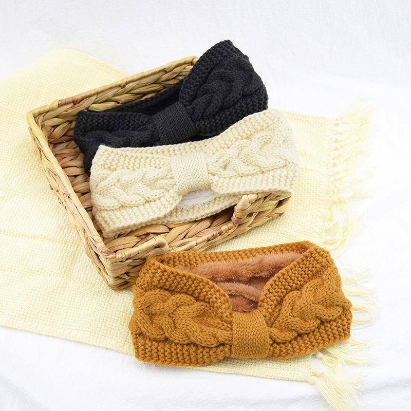 

1PCS Solid Color Crochet Bow Soft Elastic Hair Accessories Knitted Headband Wide Headwrap Furry Fleece Lined Warmer Ear Wrap
