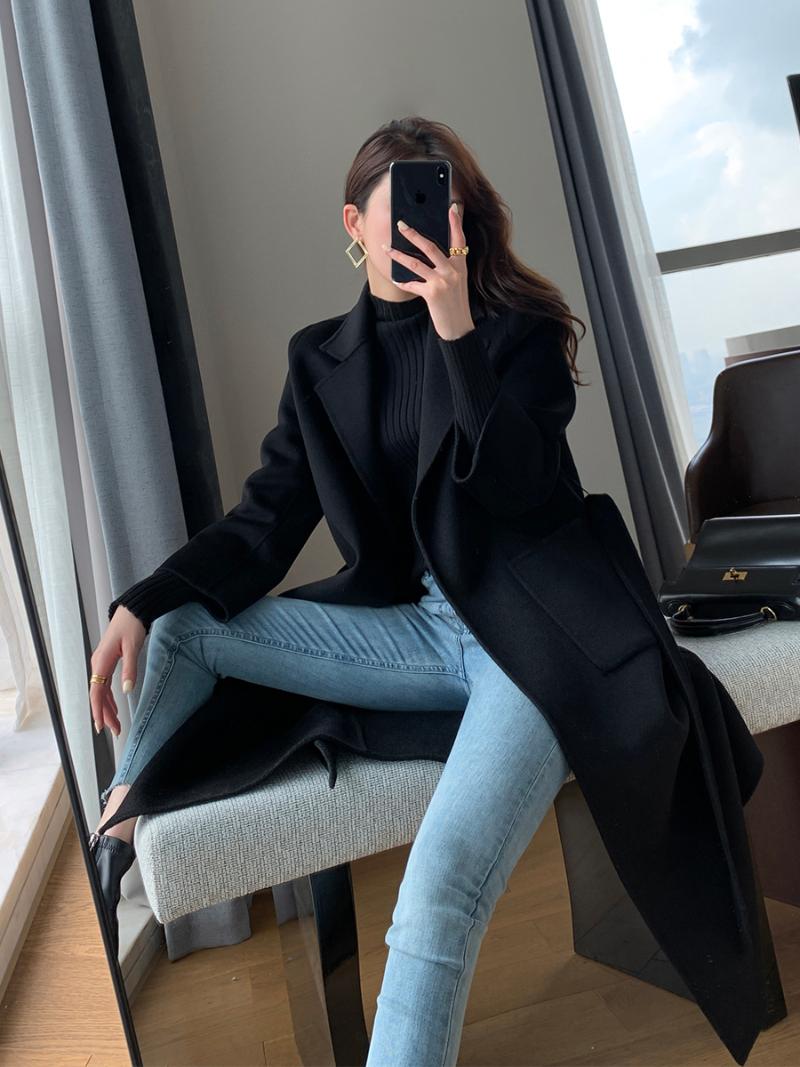 

Black double-sided cashmere overcoat women' new high-end mid long woolen overcoat in autumn and winter of 2021, As pic