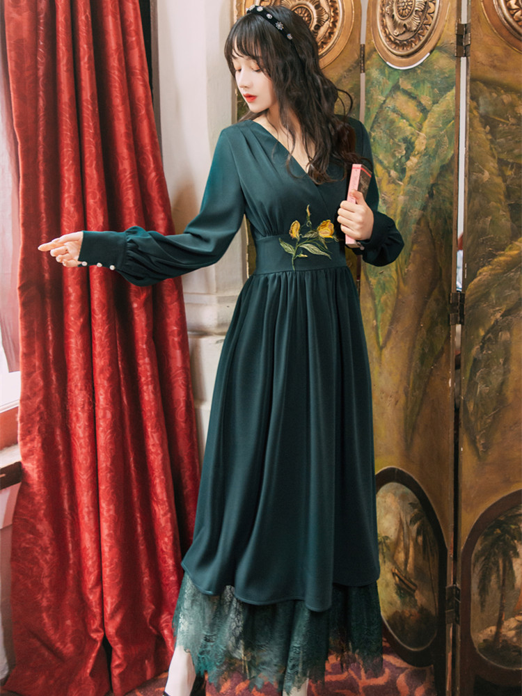 

Silk and Lace Long Green Ladies Mid-calf Elegant Floral Calf Embroidered Sleeve Full of Cleavage v Night Party Dress Frun, Blue
