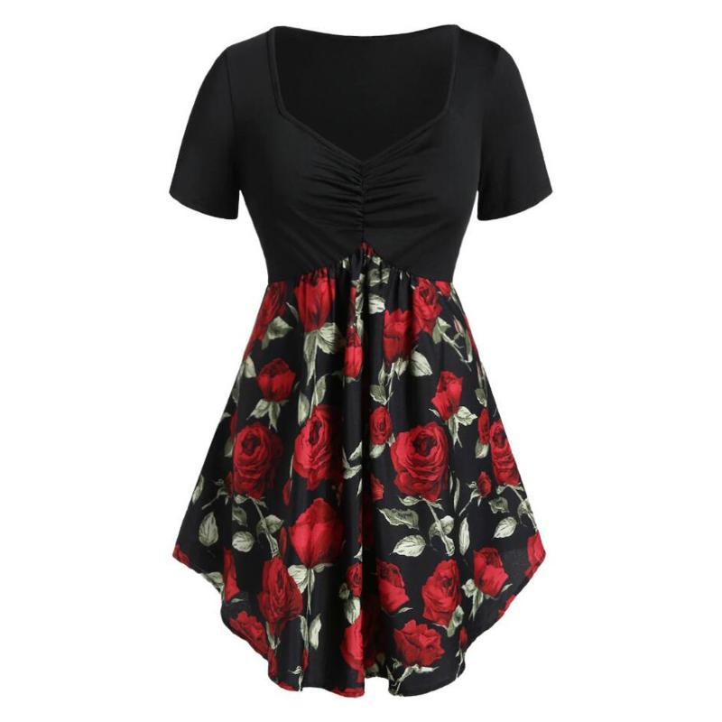 

Women Plus Size Blouse Fashion Sweetheart Collar Rose Print Short Sleeve Blouse And Tops Vintage Patchwork Woman Blusas Clothing, Blue