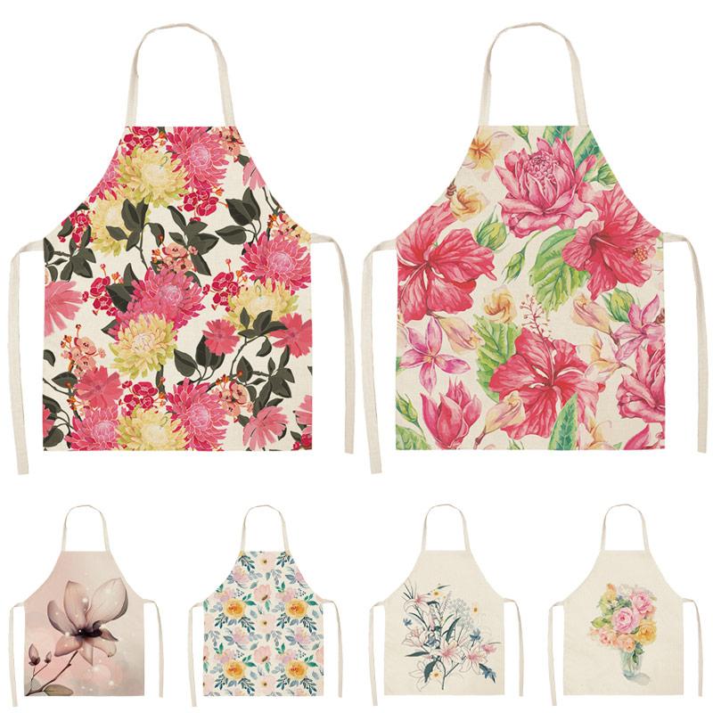 

1Pcs Flower Pattern Cleaning Colorful Aprons Home Cooking Kitchen Apron Cook Wear Cotton Linen Adult Bibs 53*65cmWQL0203