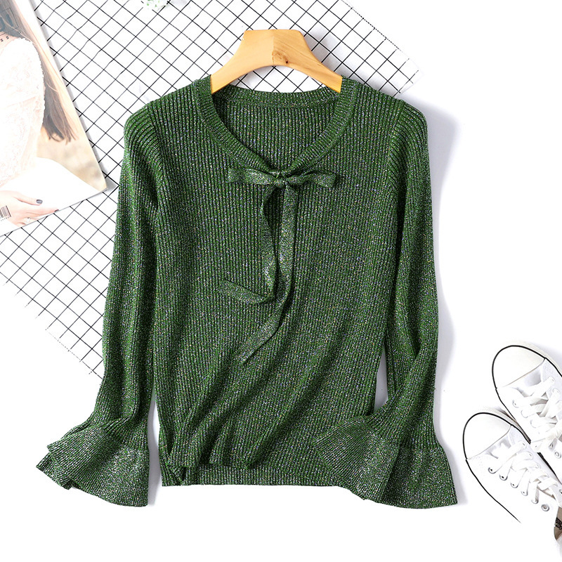 

2021 New Fahion Bright Silk Women Autumn Winter Sweet Bow Pullover Jumper Female Pull Femme Hiver Streetwear Knitted Sweater Bfzw, Khaki