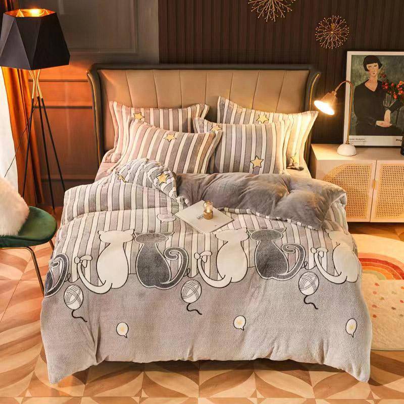 

JUSTCHIC Cartoon Cat Print Bedding Set Single Queen Duvet Cover Pillowcase Winter Comforter Quilt Cover Thicken AB Version